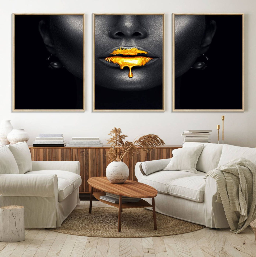 The Honey Gold Lips and Black Woman Photograph canvas print adds a striking touch to the room.