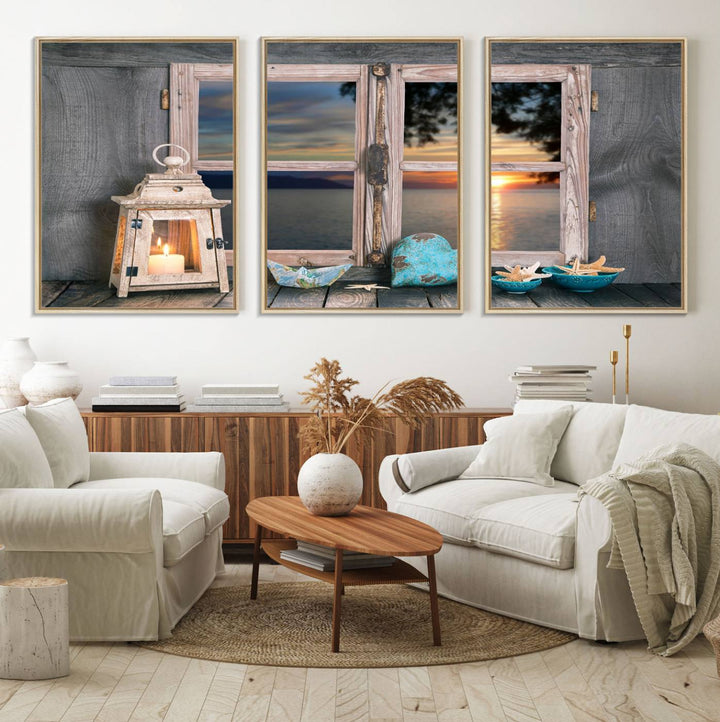 The Astonishing Sunset from the Window canvas print beautifully captures a sea view, accompanied by a lantern and starfish.