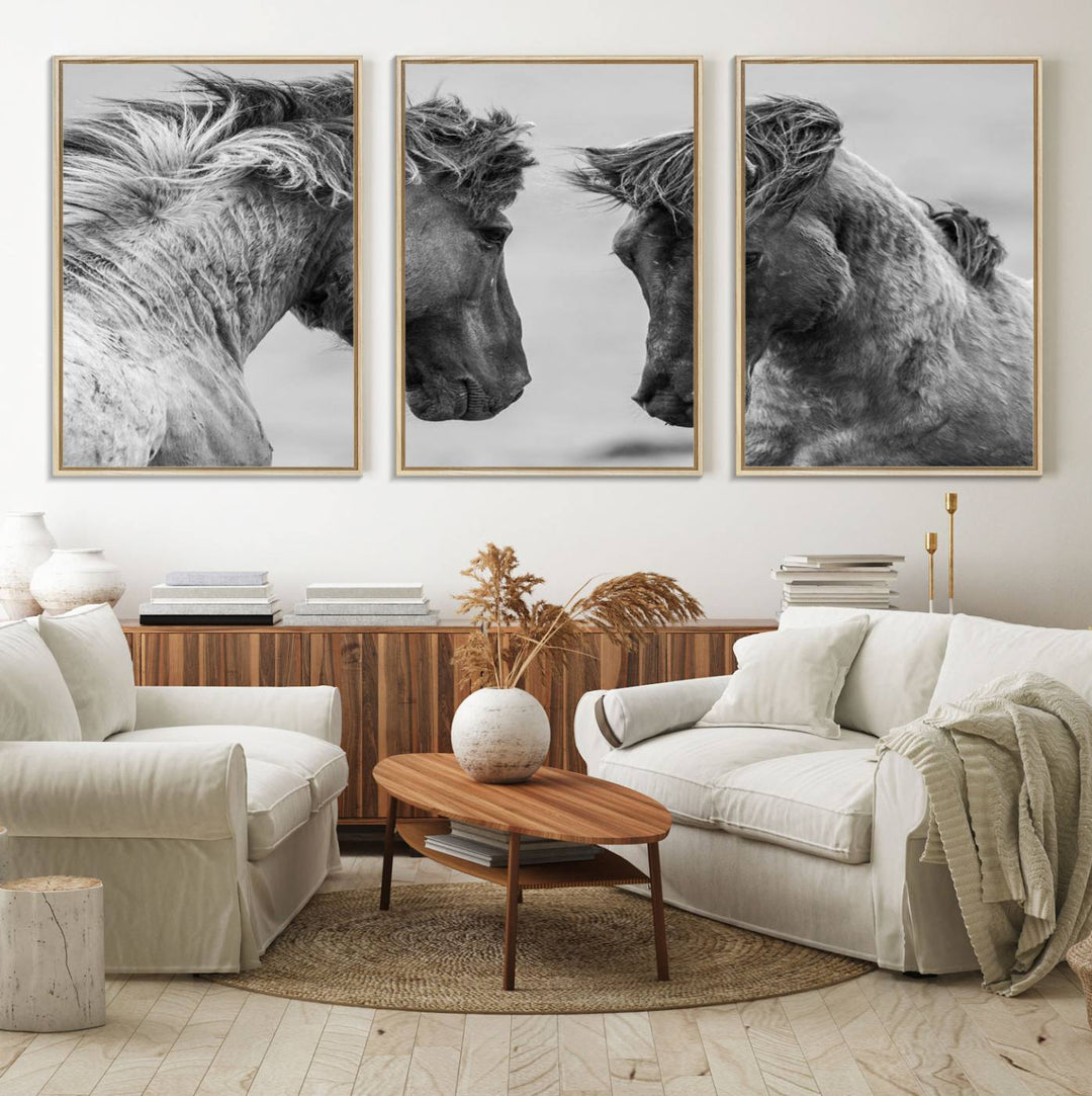 The White Horses Wall Art Canvas Print adorns the dining area wall.