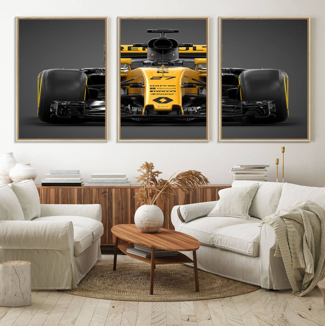 A yellow and black F1 Renault car canvas print with free shipping.