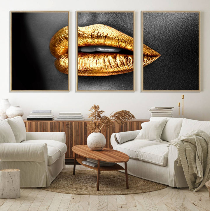 The Gold Lips Canvas Wall Art on a black background is showcased.