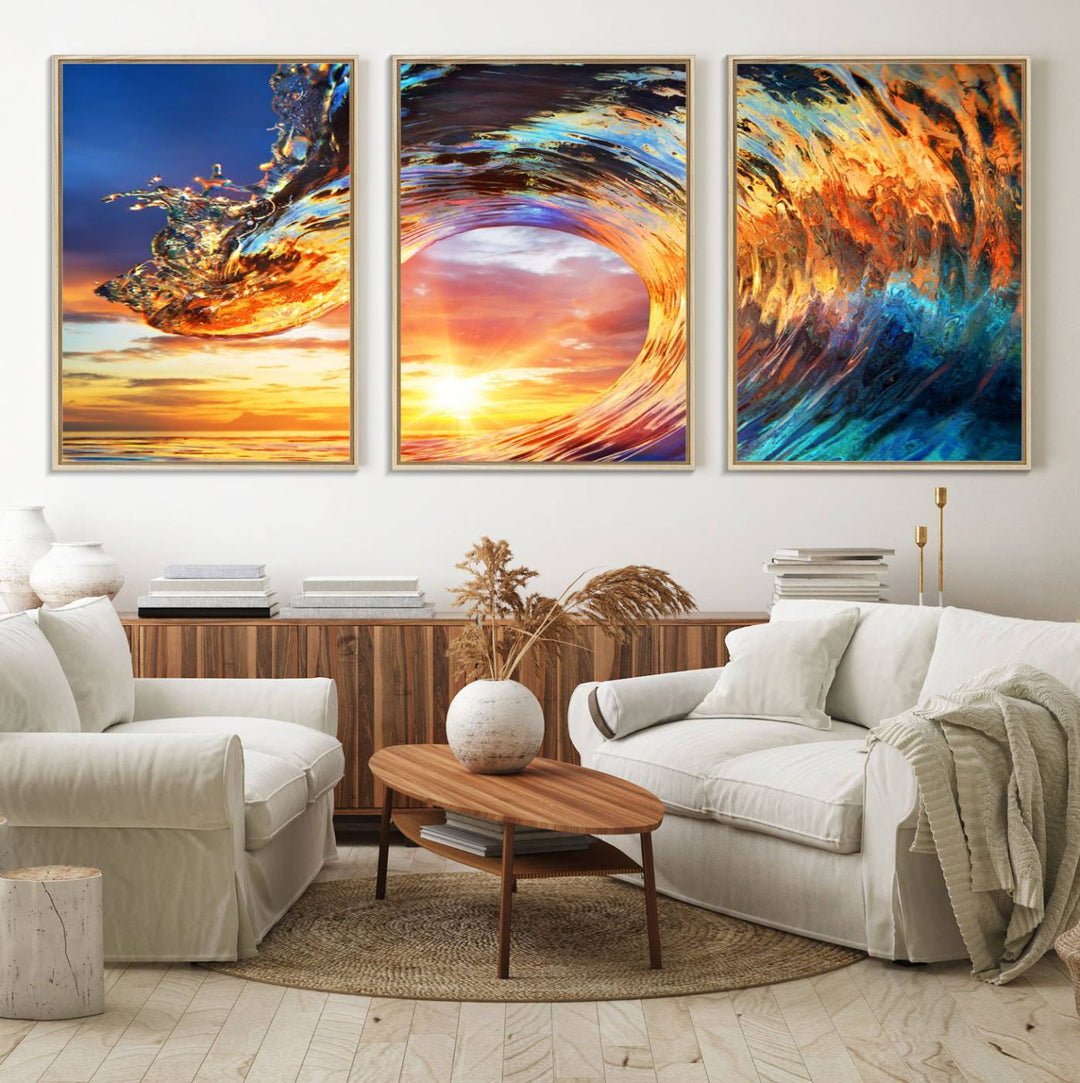 Wave Canvas Wall Art: A multi-panel sunset ocean scene that adds vibrant decor to any space.