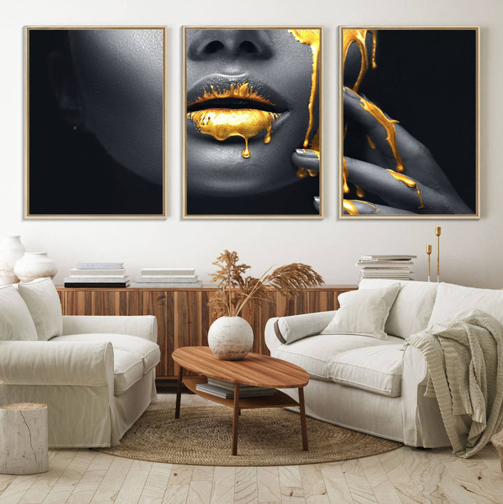 Above the dining area is the Gold Glitter Lips Fashion Makeup canvas wall art.