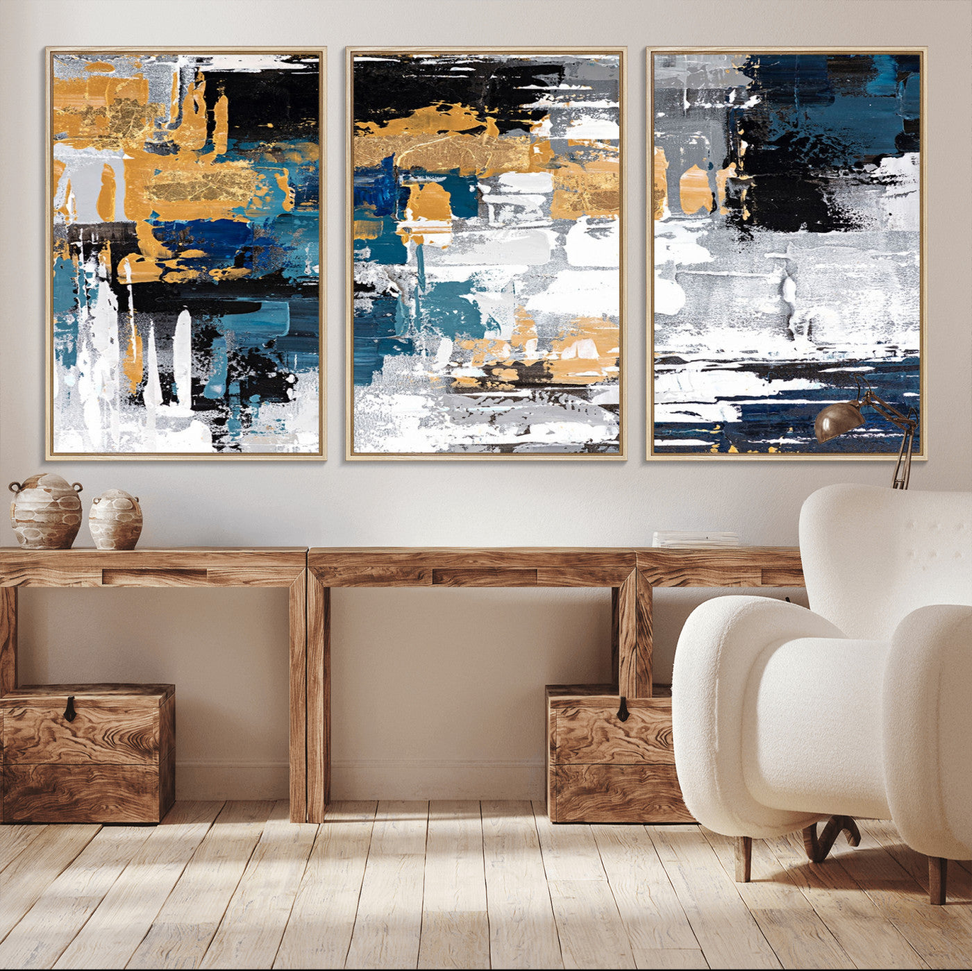 -Blue and Gold Abstract Canvas Wall Art – Triptych Modern Painting for Living Room – Framed and Ready