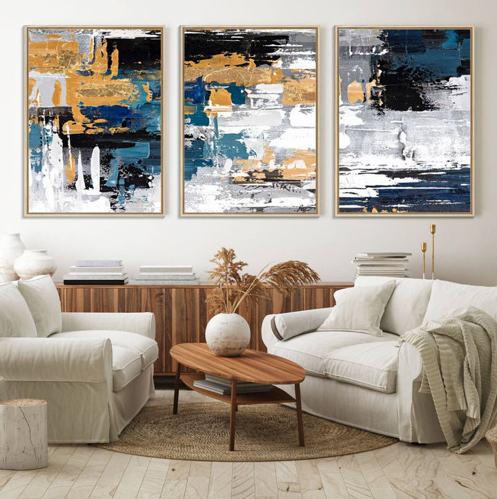 Blue and Gold Abstract Canvas Wall Art hangs prominently.