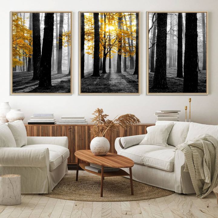 Nature Misty Foggy Autumn Forest Wall Art Print displayed above a modern dining room.