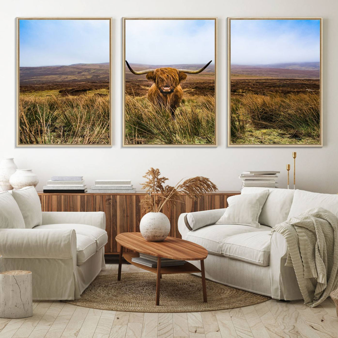 A Scottish Highland Cow art print canvas with UV-protection adorns the wall, preserving vivid details.