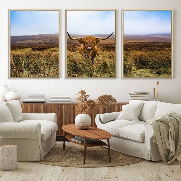 A Scottish Highland Cow art print canvas with UV-protection adorns the wall, preserving vivid details.