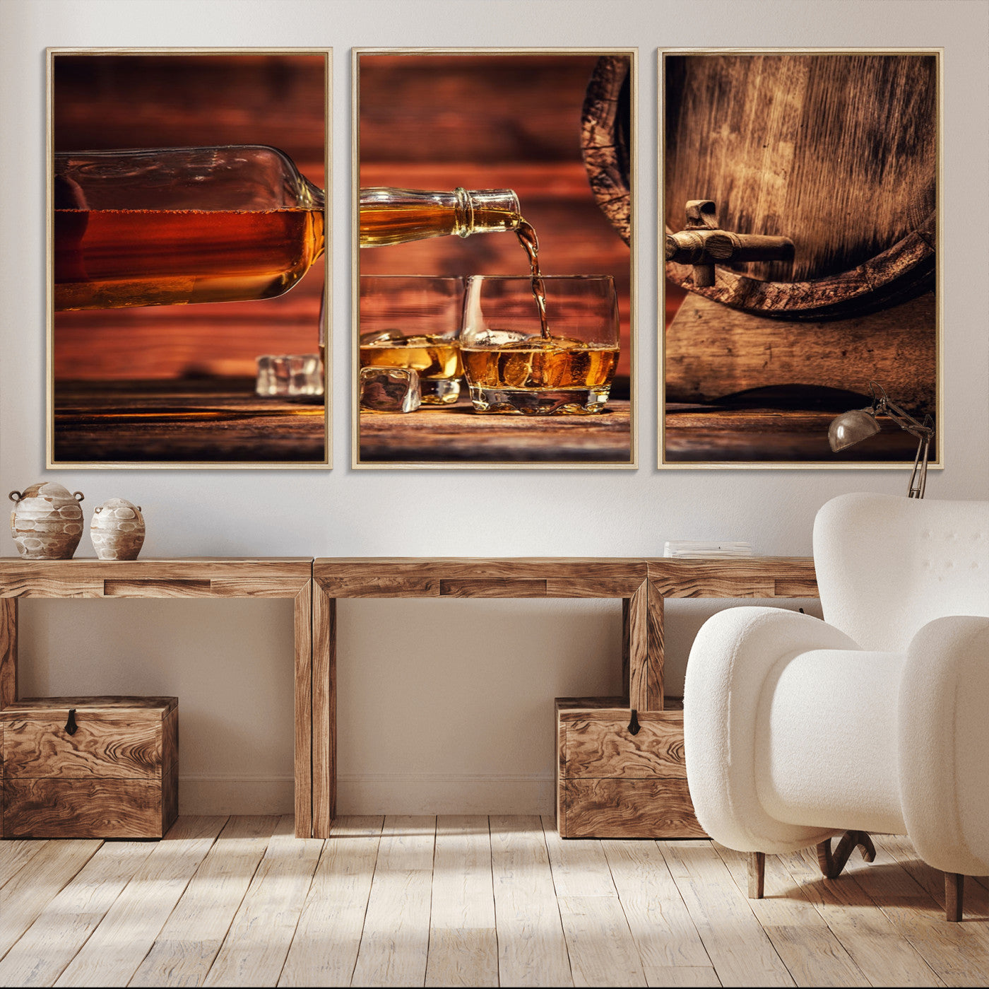 MGV-FC-60X30-3P - Whiskey and Cigar Canvas Wall Art | 3 Panel Bar Room Decor for Home Lounge, Office, or Man Cave |