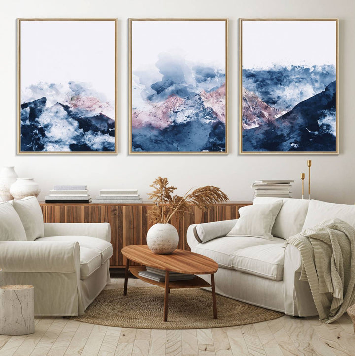 A modern kitchen showcases an Abstract Watercolor Mountain Landscape Art Canvas Print.