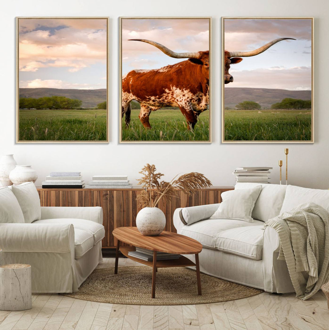 The Texas Cow Canvas Wall Art print captures a longhorn cow at sunset and is ready to hang.