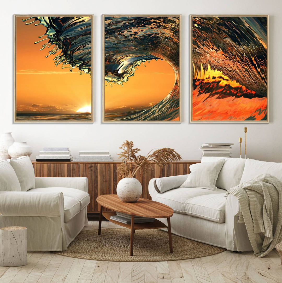 The Ocean Wave With Perfect Sunset canvas wall art adds a striking focal point to the room.