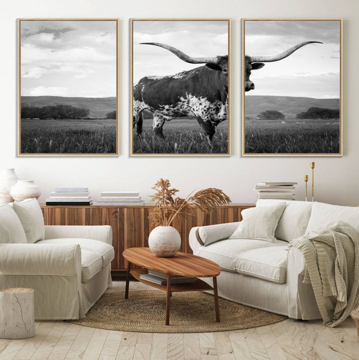 A Black and White Longhorn Texas Cow Canvas Wall Art.