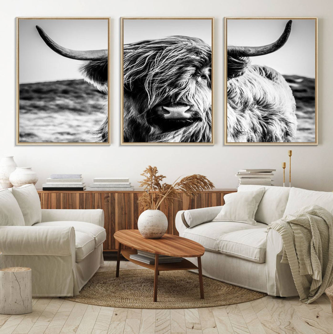 A Black and White Scottish Cow Canvas Print adorns the kitchen wall, perfect for farmhouse decor.