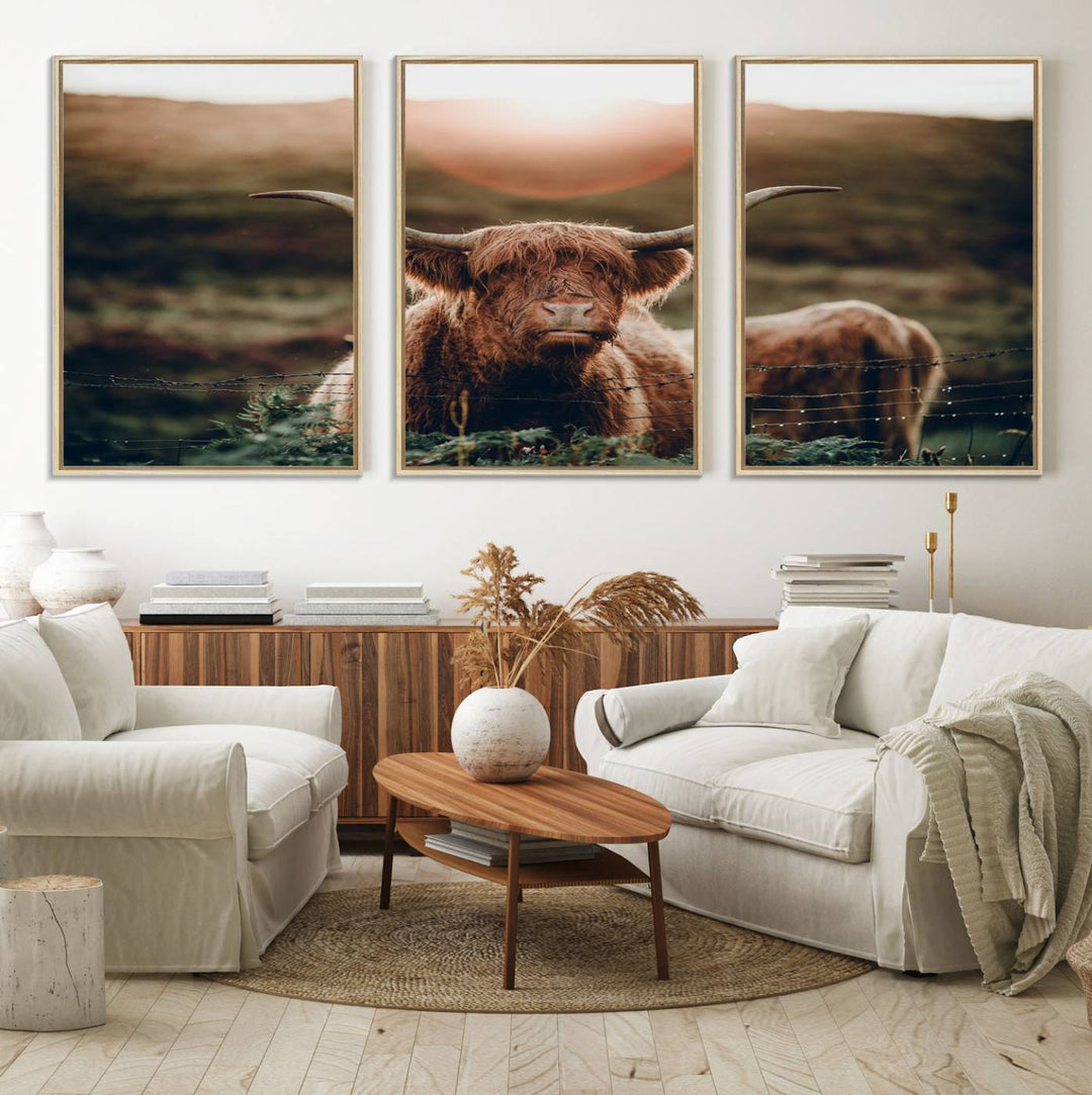 A Highland Cow Animal Canvas Wall Art, featuring a grassy field, is displayed on the wall.