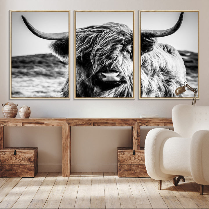 Highland Cow Wall Art | 3-Panel Black and White Highland Cow Canvas Print for Western Farmhouse Decor