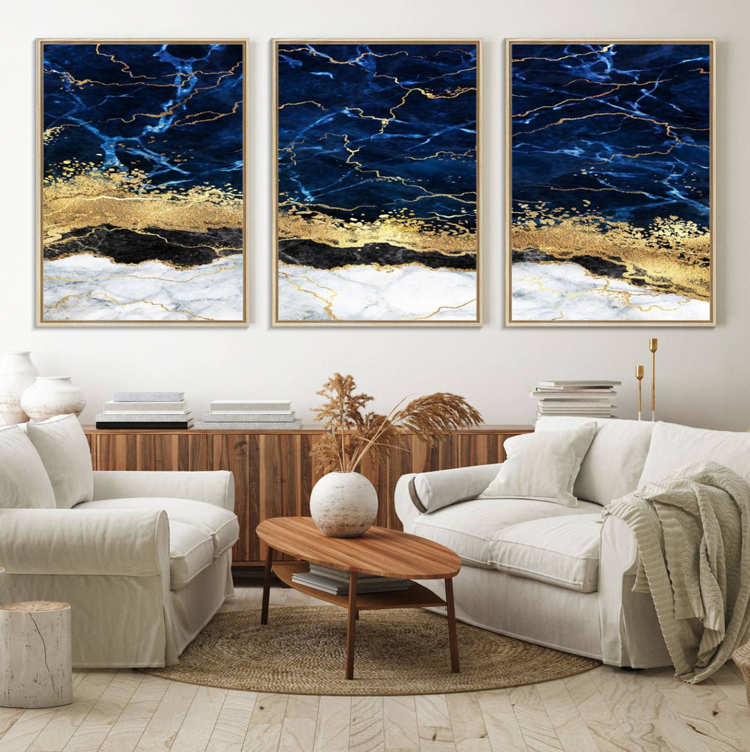 Navy Blue Marble Fluid Effect Canvas Wall Art, featuring a gold and white abstract design, adds a finishing touch to your modern kitchen decor.