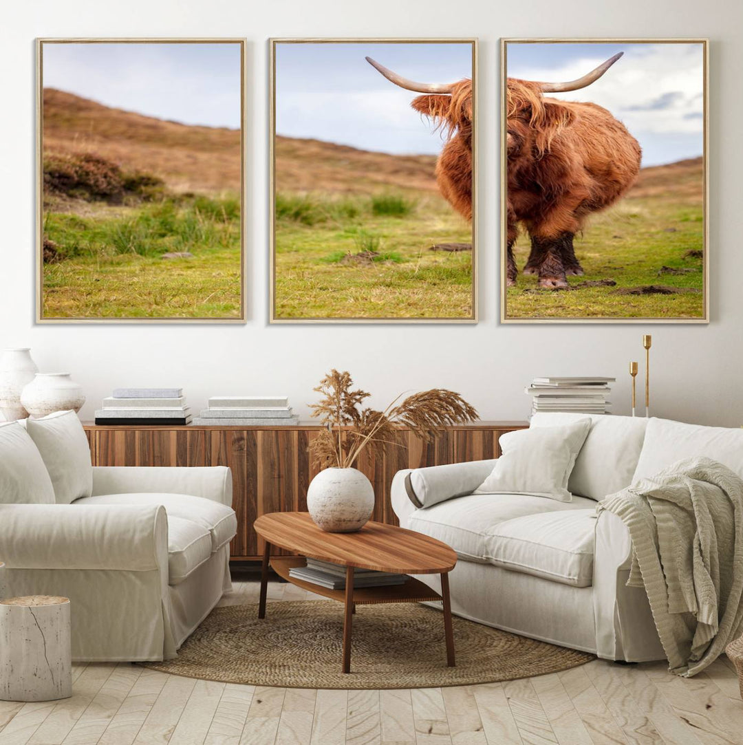 A Highland Cow Animal Canvas Wall Art hangs on the wall, adding warmth to the room.