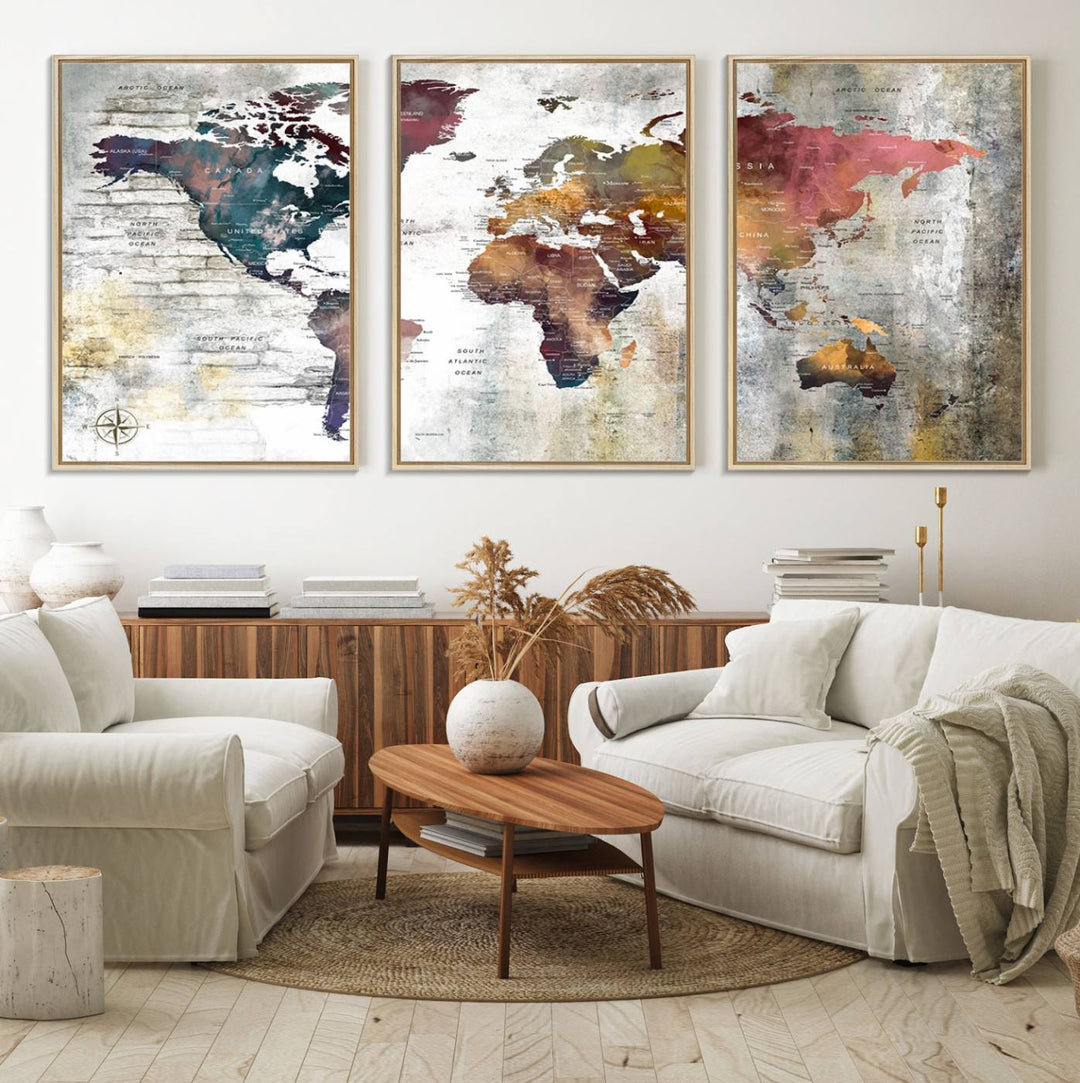 The World Map Wall Art Triptych: a 3-panel canvas featuring a vintage map.