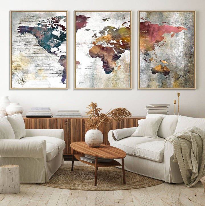 The World Map Wall Art Triptych: a 3-panel canvas featuring a vintage map.