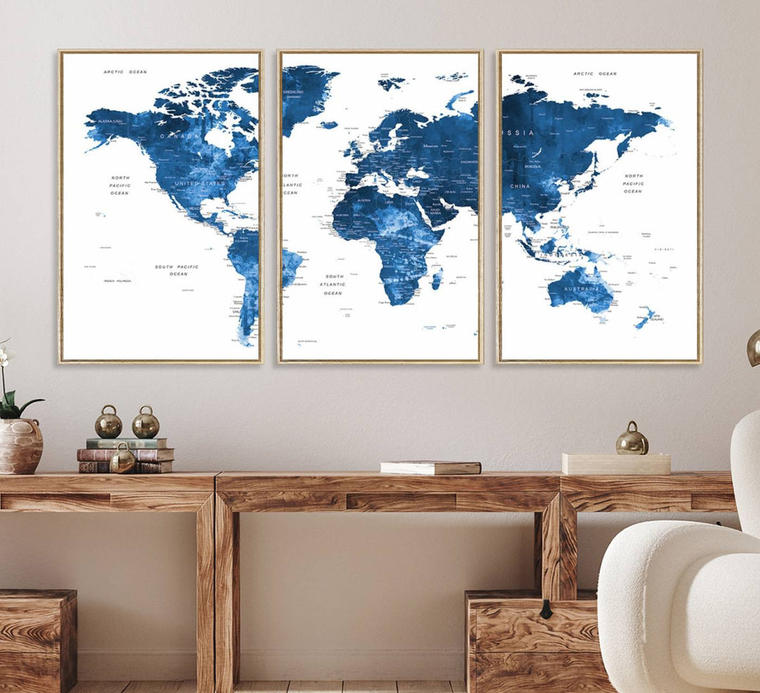 Navy Blue Wall Art World Map Canvas Print, an ideal piece for anyone seeking unique home or office decor.