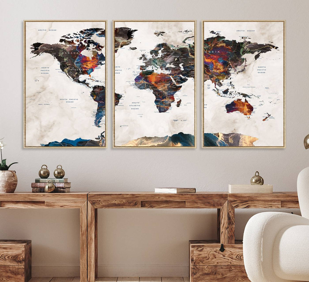 Watercolor World Map Canvas Print in earthy hues with a grunge background, ideal for wall decor.