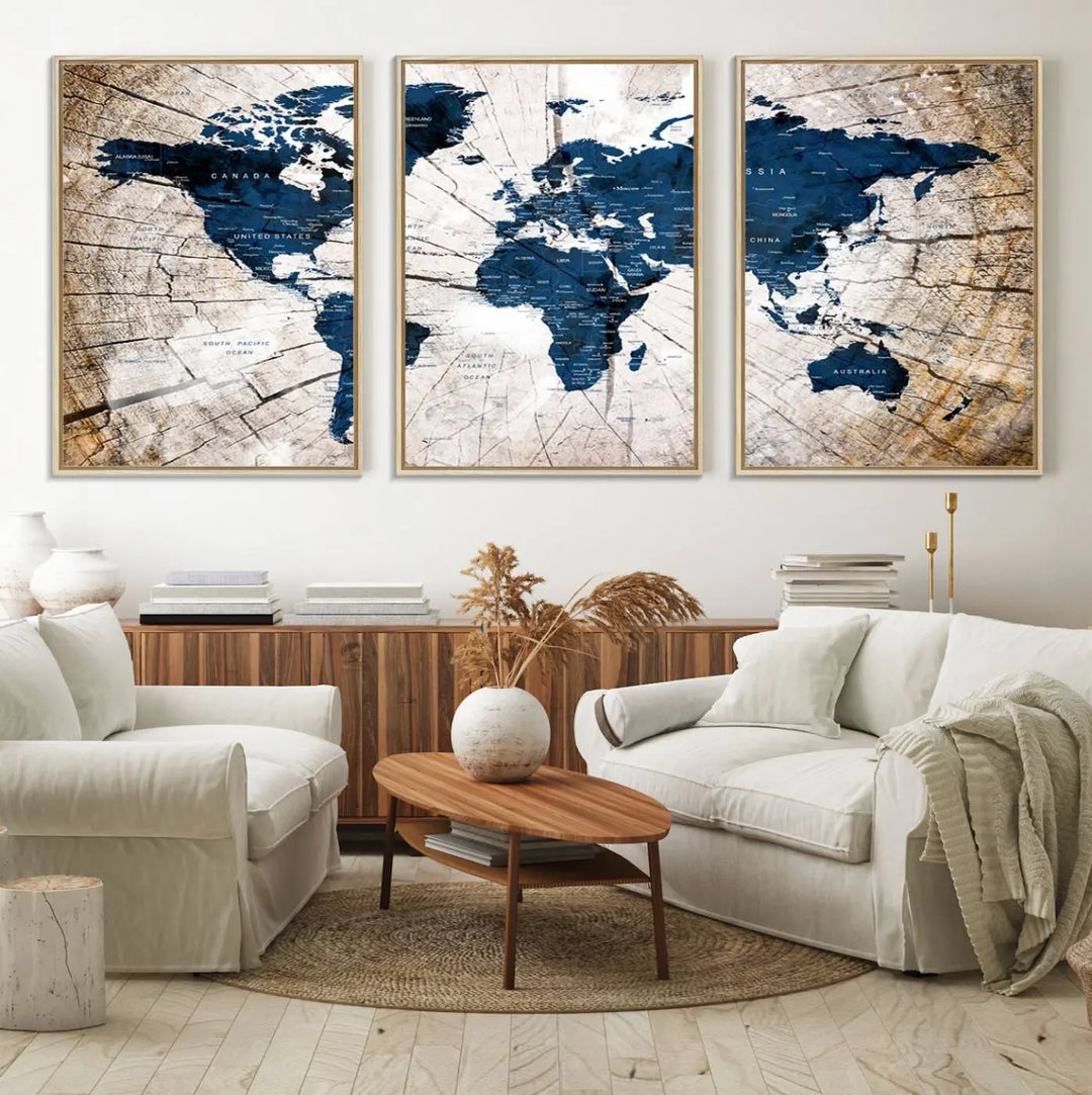 The living room exudes style with the Blue World Map Canvas Wall Art, a rustic-style triptych that's prominently displayed on the wall. This global decor piece adds an elegant touch to the space.