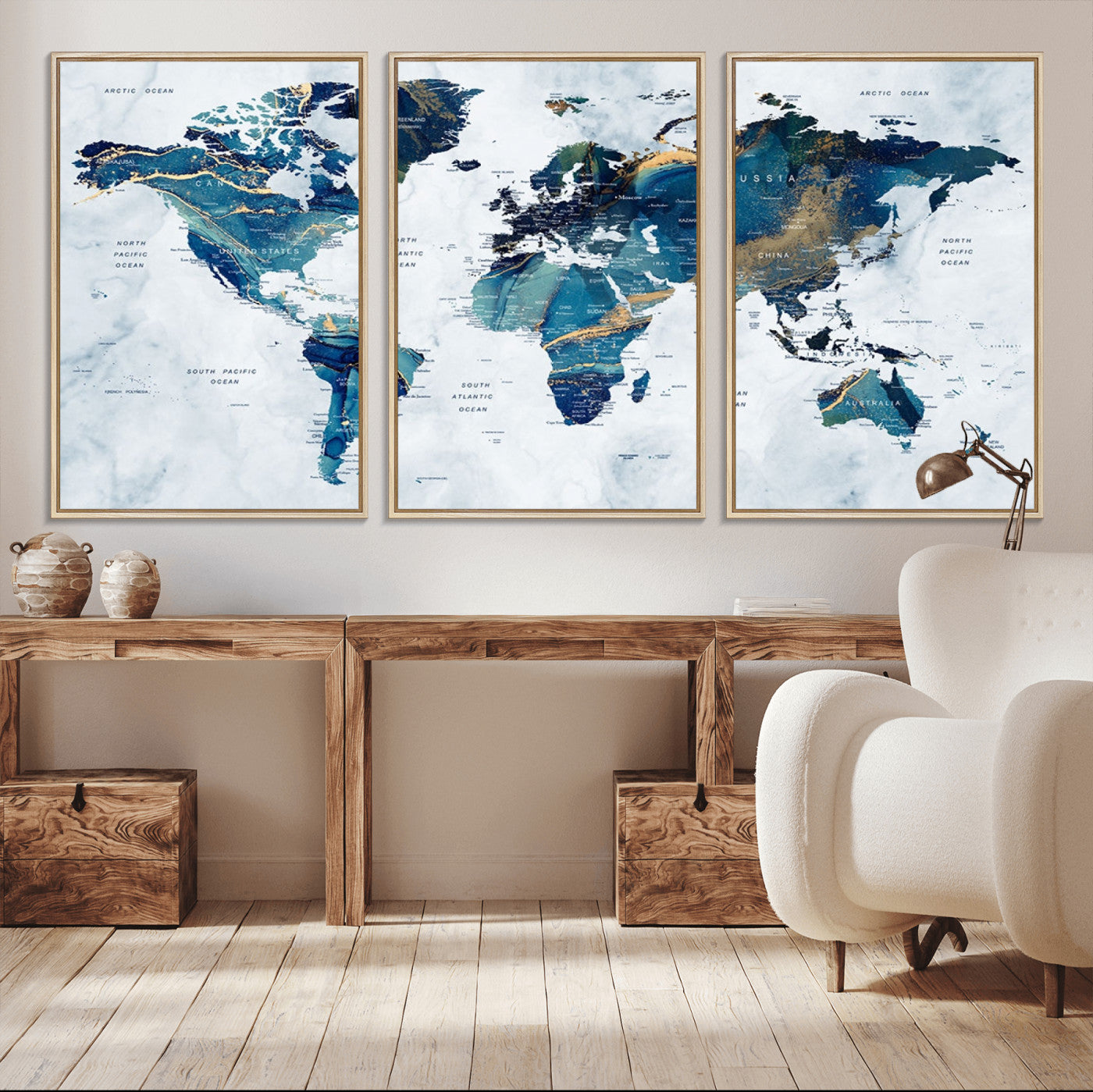 53819-MGV-FC-60X30-3P_Natural-Push Pin World Map Canvas Print – Framed Travel Map Wall Art for Couples, Anniversary Gift, Modern Home or Office Decor
