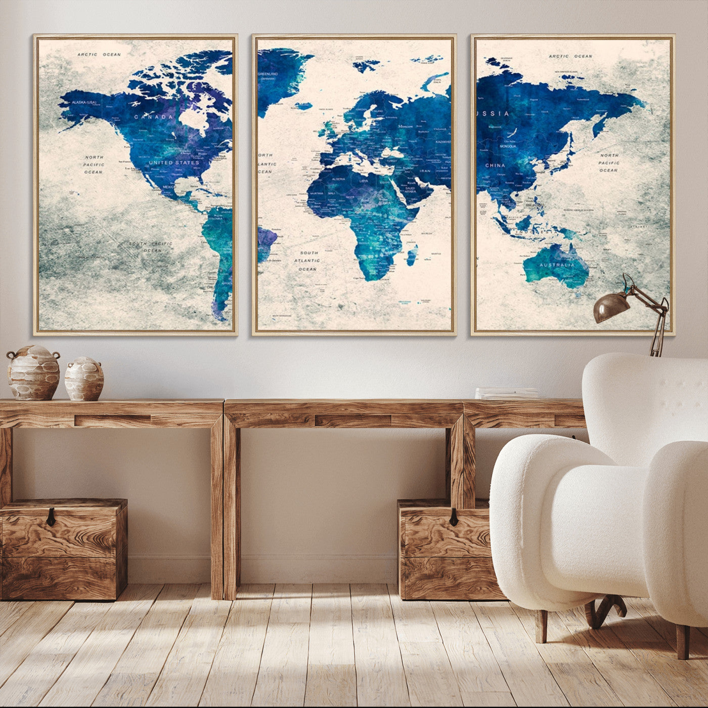 43947-MGV-CV-36X24-Blue Watercolor World Map Canvas Print – Framed Modern Wall Art, Elegant Push Pin Travel Map Decor for Home Office or Living Room