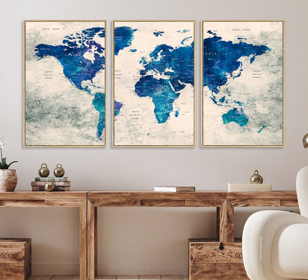 Navy Blue Push Pin World Map Canvas Print featuring a grunge-stained background, with labeled countries and oceans.