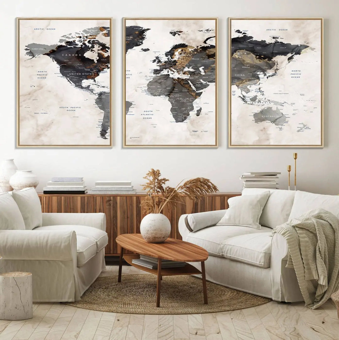 The dining room wall is adorned with the World Map Canvas Print – Earthy Triptych Wall Art, a vintage global map decor featuring dark continents.