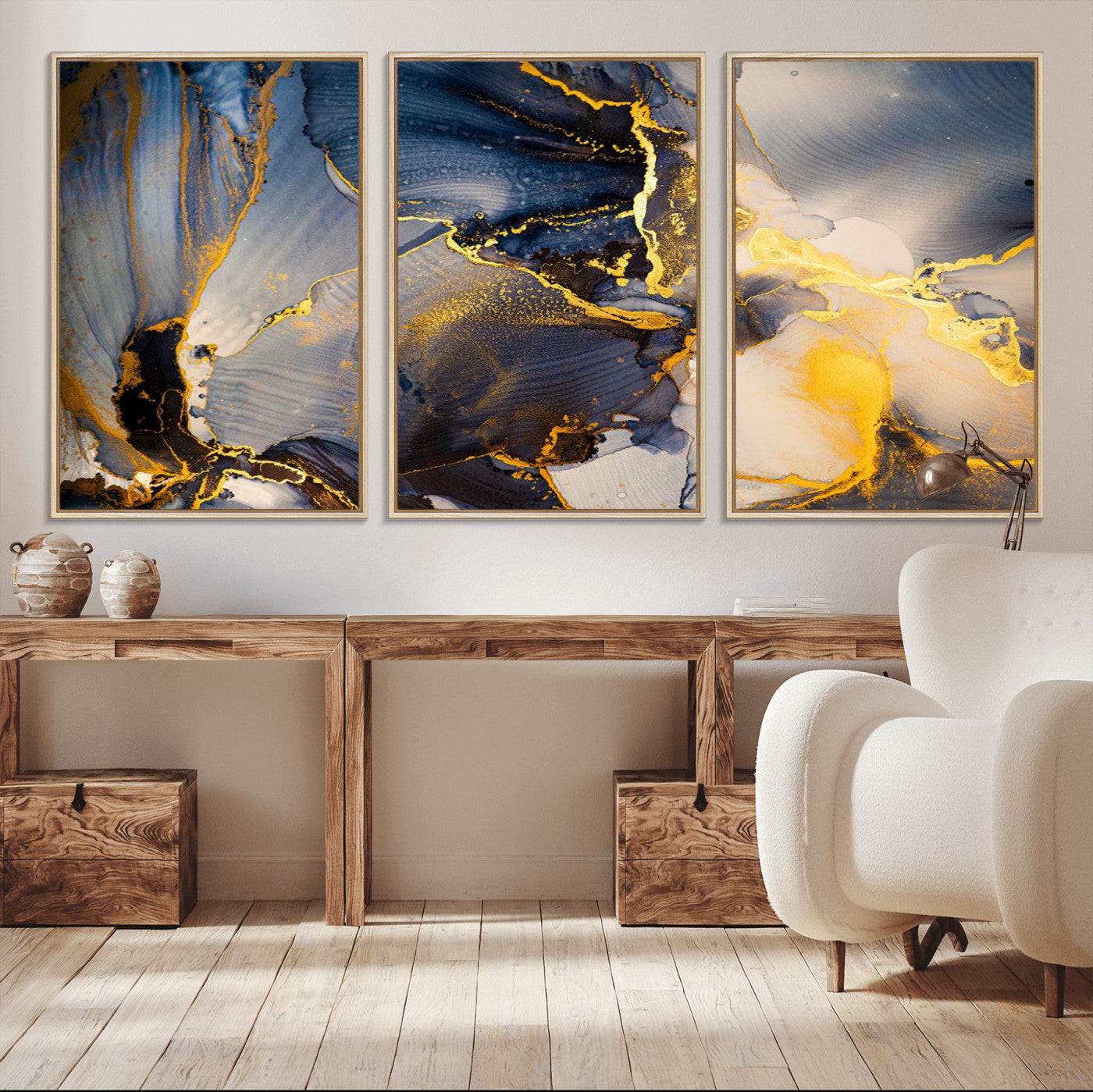 42100-MGV-CV-36X24-Large Abstract Wall Art Print - Gold and Blue Abstract Canvas Wall Art | Fluid Ink Modern Luxury