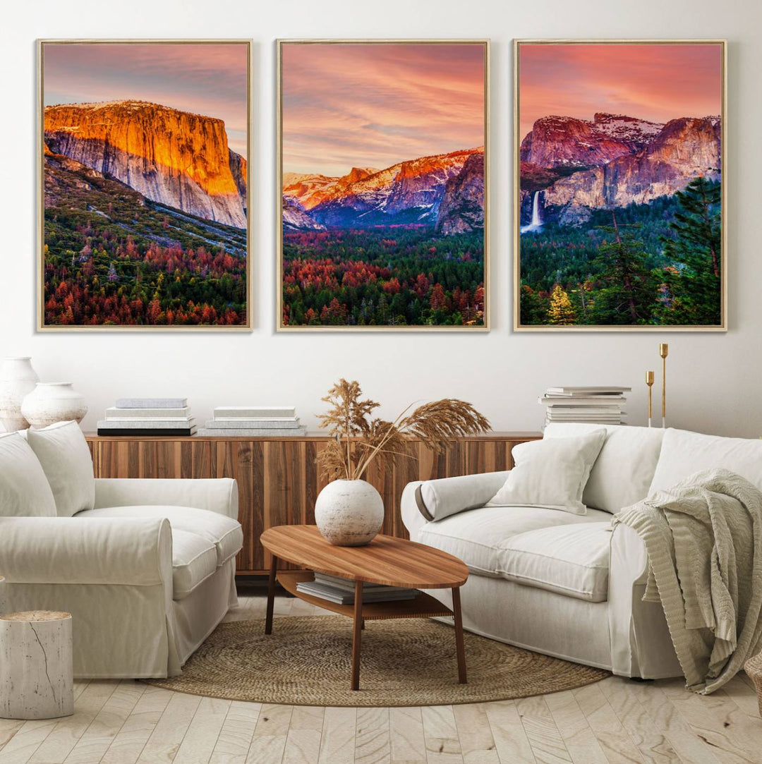 An El Capitan Yosemite Canvas showcasing a sunset over a mountain valley.