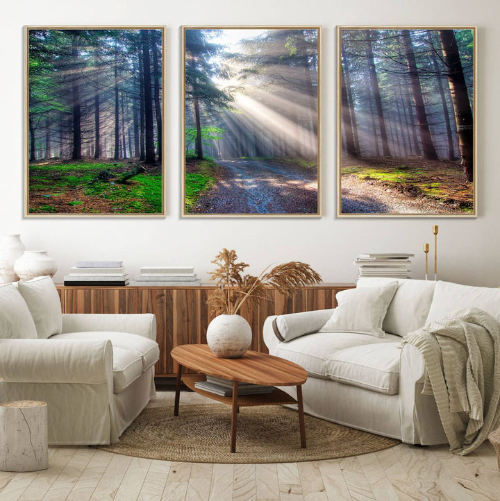 The dining area features a 3-panel Forest Path Canvas showcasing sun rays filtering through a misty forest.