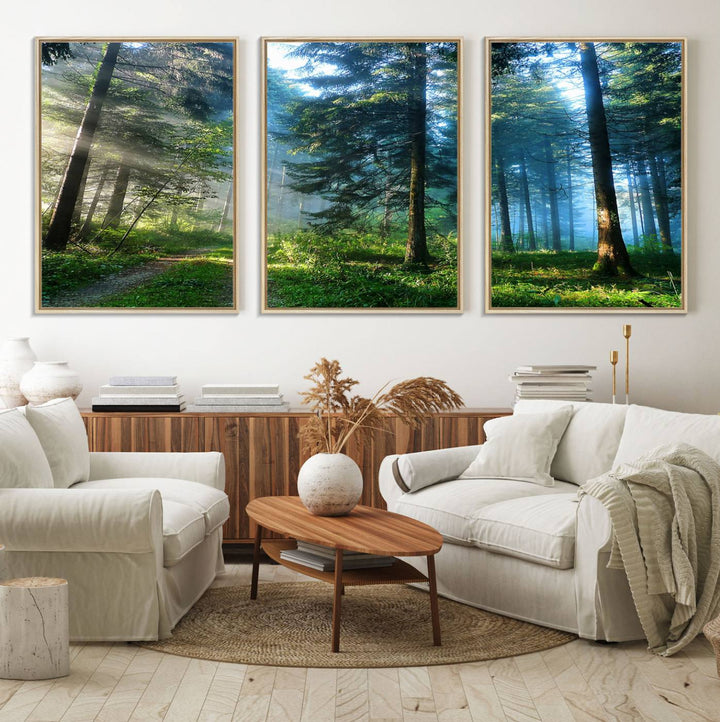 Enhancing the space is the Forest Sun Shine wall art canvas print, showcasing a serene forest scene.