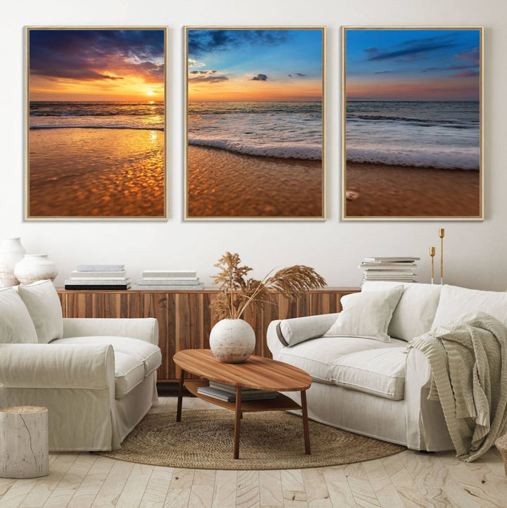 The Golden Sunset Beach Waves Triptych adds a modern coastal touch with its stunning seascape.