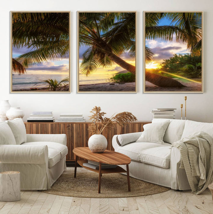 A Coastal Sunset Palm Tree canvas print hangs prominently.