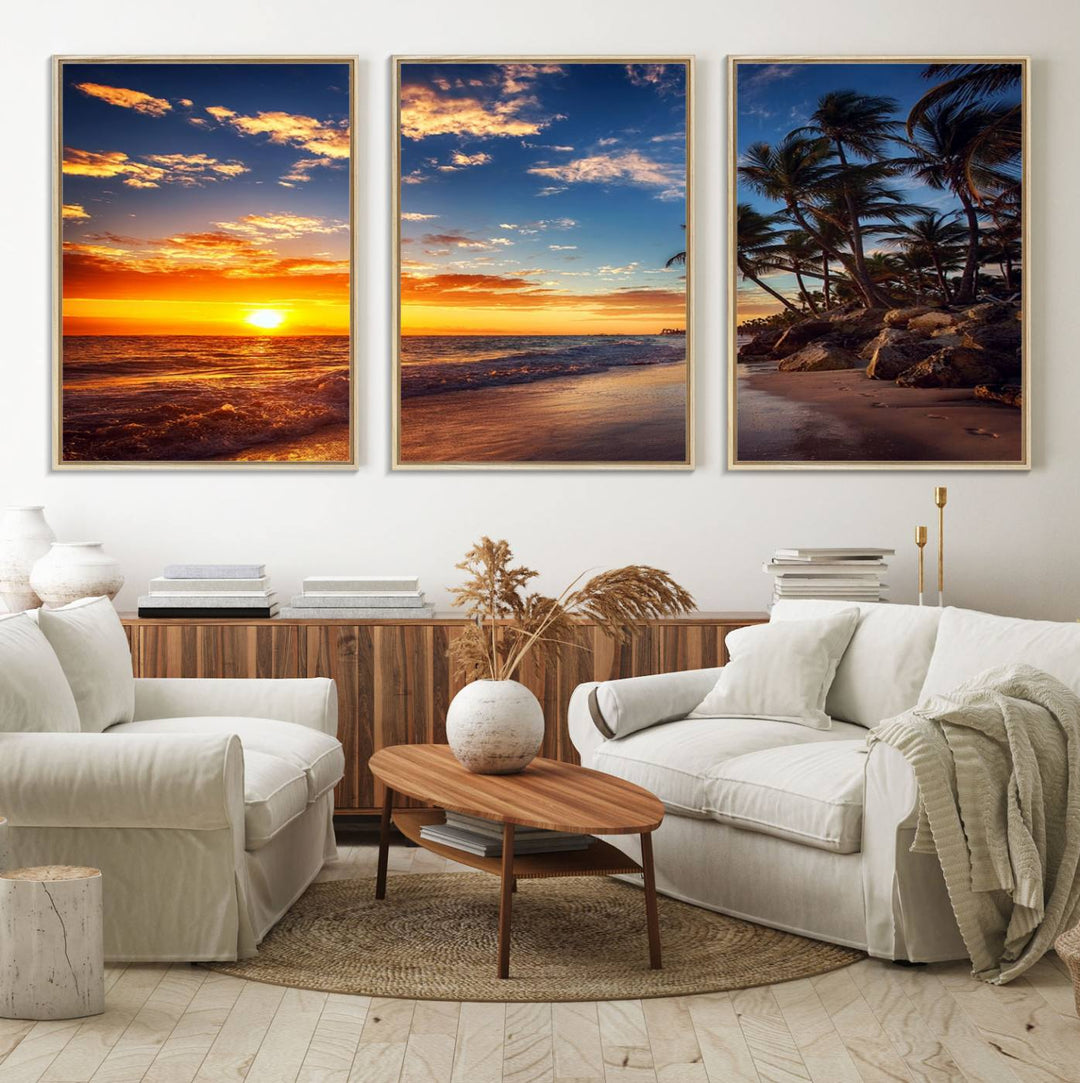 A stunning Tropical Beach Sunset Canvas Art featuring palm trees and ocean waves, created as a Giclee print.