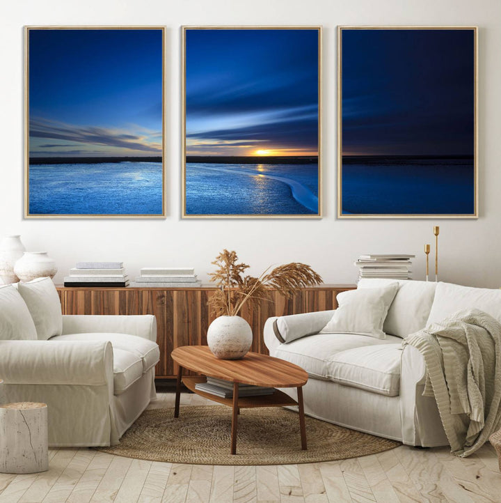 Modern decor: Deep Blue Ocean Sunset Triptych for a serene coastal vibe.