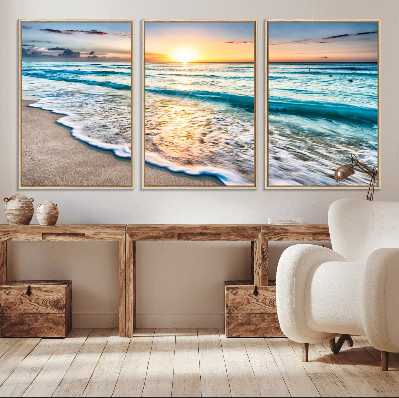 MGV-FC-60X30-3P - Sunset Beach Waves Canvas Wall Art – 5-Panel Ocean Sunset Print – Coastal Decor for Living Room or