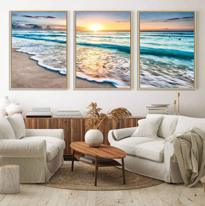 Ocean Beach Canvas coastal sunset artwork on the wall.