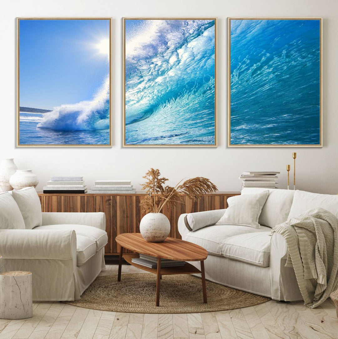 The Blue Big Wave Surfing Ocean Canvas adds a coastal vibe to a wooden wall.