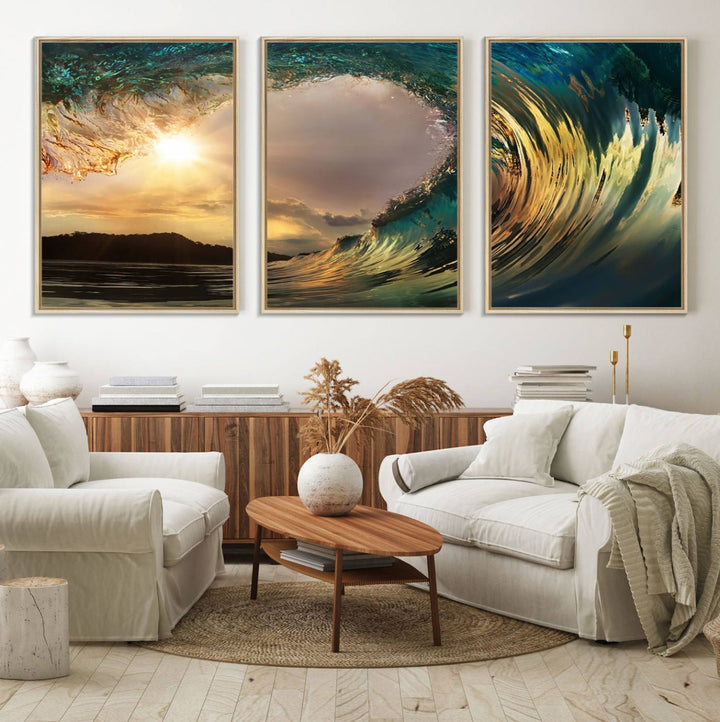 A Golden Wave Sunset Giclee hangs above, showcasing colorful ocean wave art.