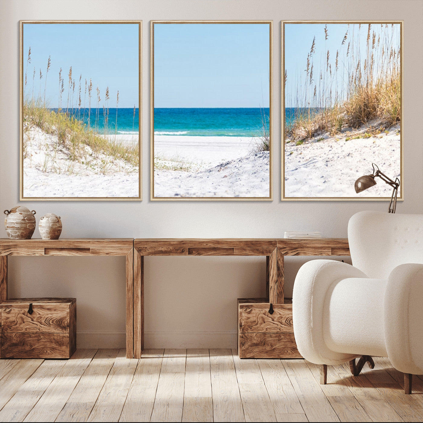 58498-MGV-CV-36X24-Serene Coastal Dune Path with Ocean View, 3-Panel Beach Canvas Wall Art, Tranquil Seascape Giclee