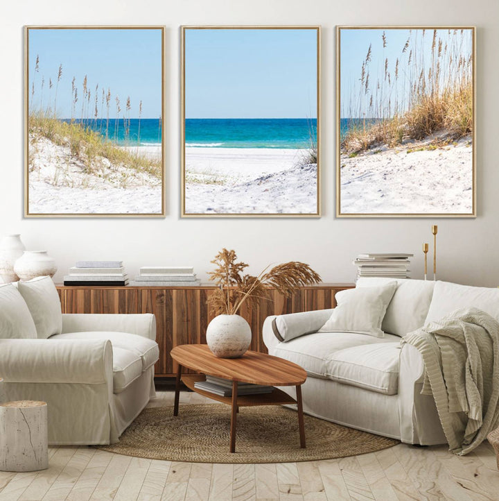 Serene Coastal Dune Path with Ocean View, 3-Panel Beach Canvas Art; tranquil seascape for coastal decor.