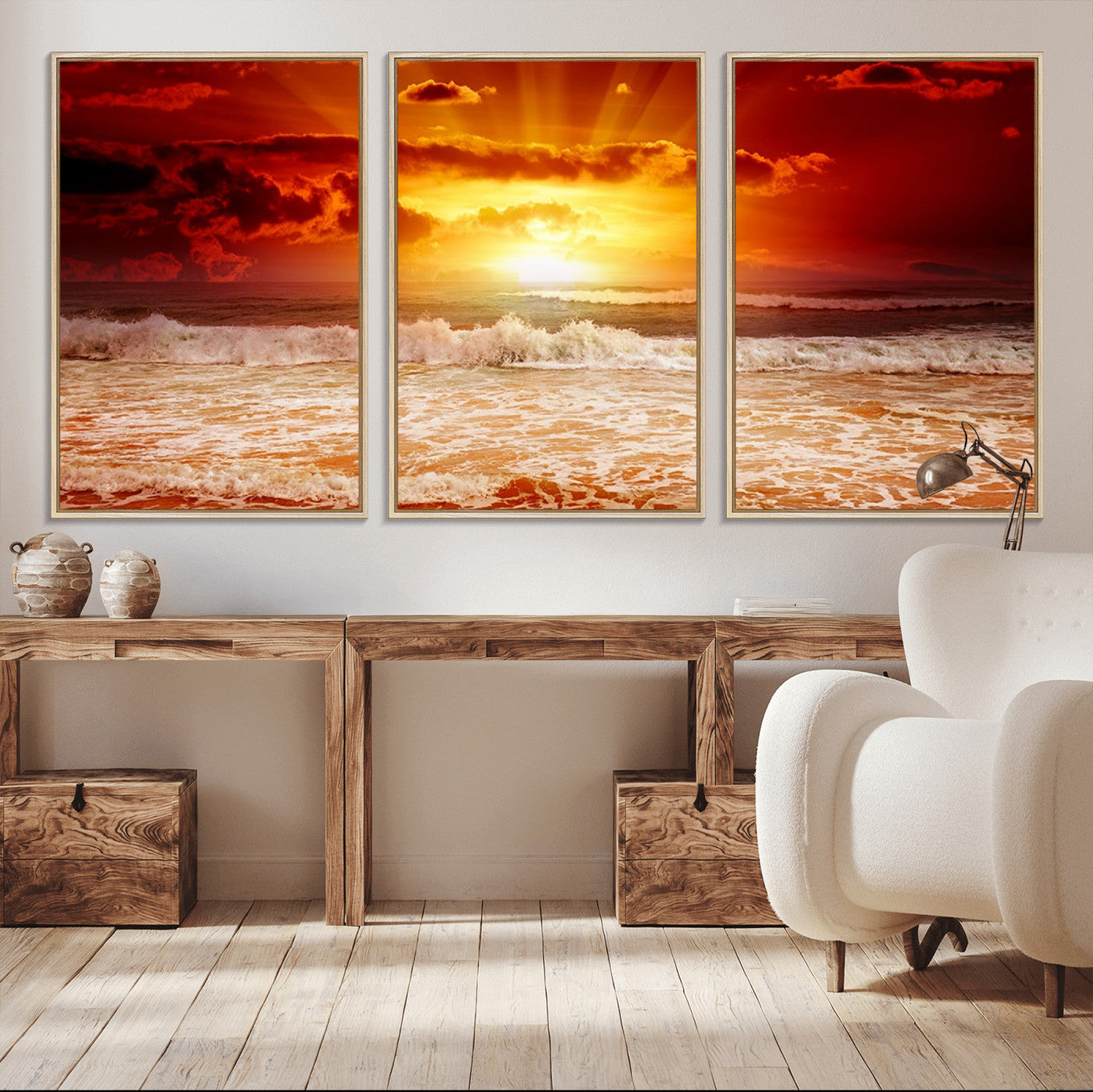 MGV-FC-60X30-3P - Red Sunset Ocean Beach Canvas Wall Art Beach Canvas, Coastal Sunset Print