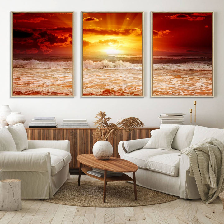 The Red Sunset Ocean Beach Canvas depicts ocean waves.