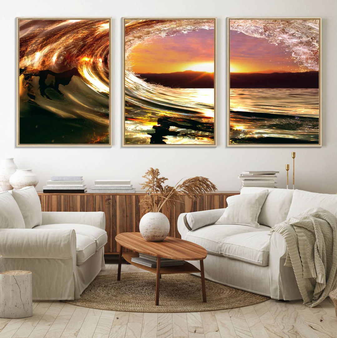 The Golden Wave Sunset Triptych Canvas Art showcases an ocean wave at sunset, casting warm light.