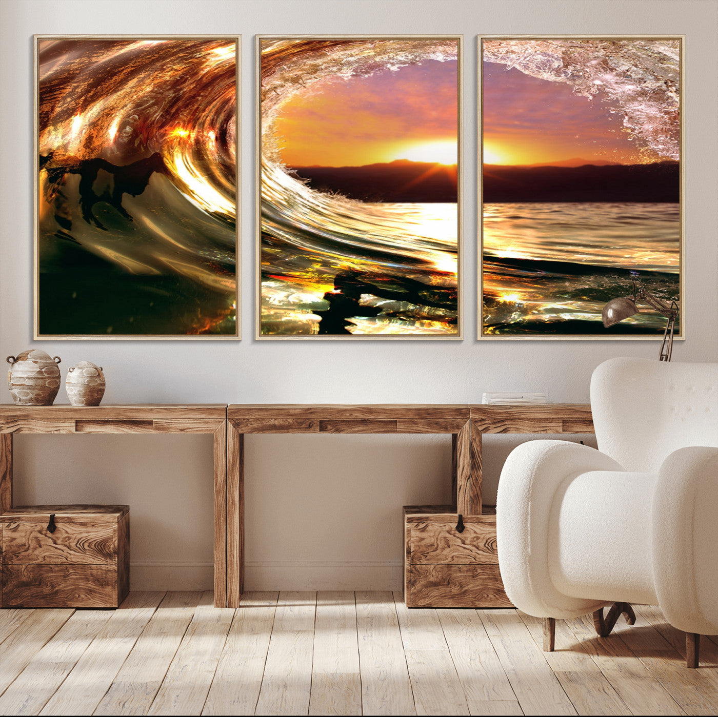 MGV-FC-60X30-3P - Golden Wave Sunset Triptych Canvas Art, Giclee Canvas Print of Ocean Wave and Sunset, Framed Ocean