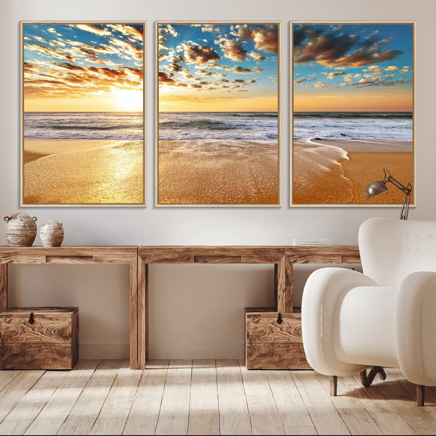 MGV-FC-60X30-3P - Golden Sunset Beach Print Canvas Wall Art, Giclee Canvas Print with Canon Print Quality, Triptych